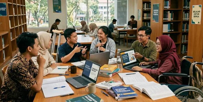 Ilustrasi mahasiswa mengajar menulis dan kerajinan difabel
